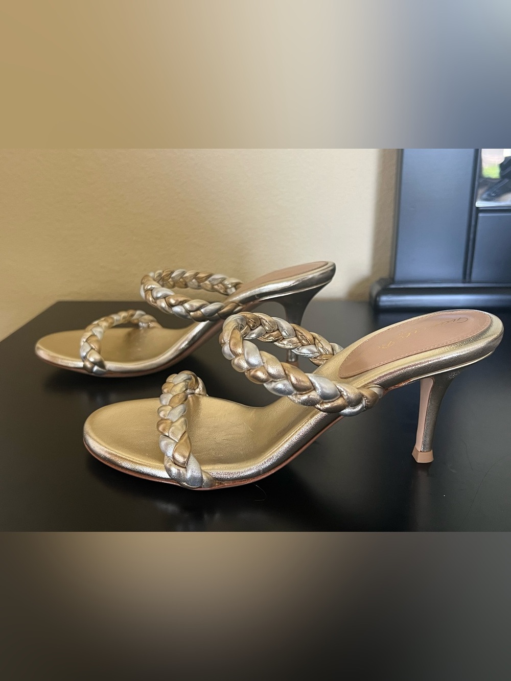 Gianvito Rossi Marley Metallic Gold Braided Double-Strap Slide Sandals - Picture 2 of 10